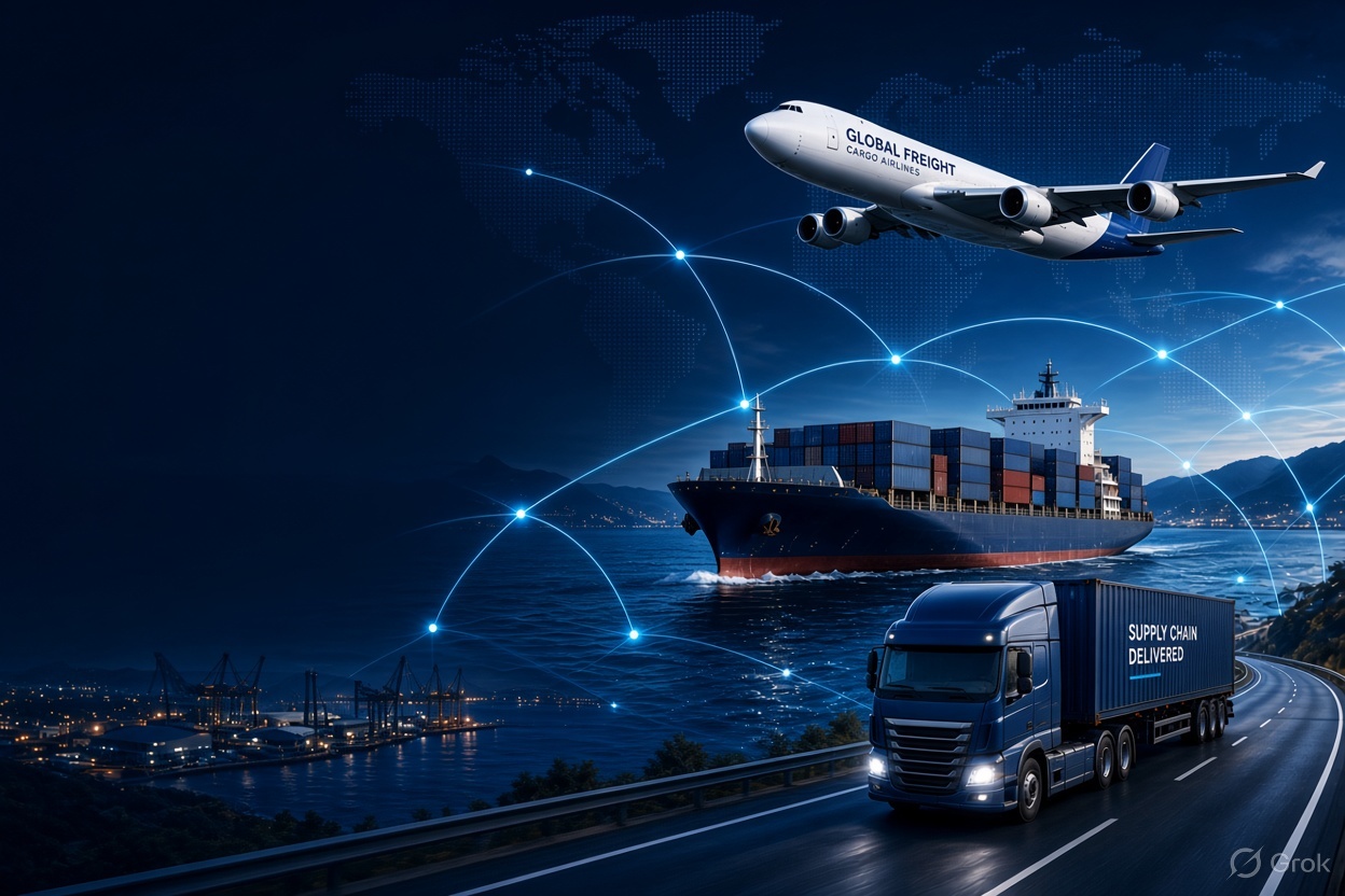 A cargo plane, container ship, and transport truck connected by a glowing digital network map